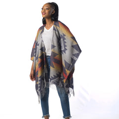 High Bulk Jacquard Poncho Wrap - Aztex | Navy/Mustard