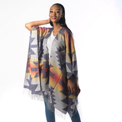High Bulk Jacquard Poncho Wrap - Aztex | Navy/Mustard