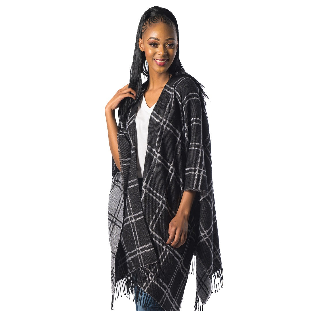 High Bulk Jacquard Poncho Wrap - Chess | Black/White