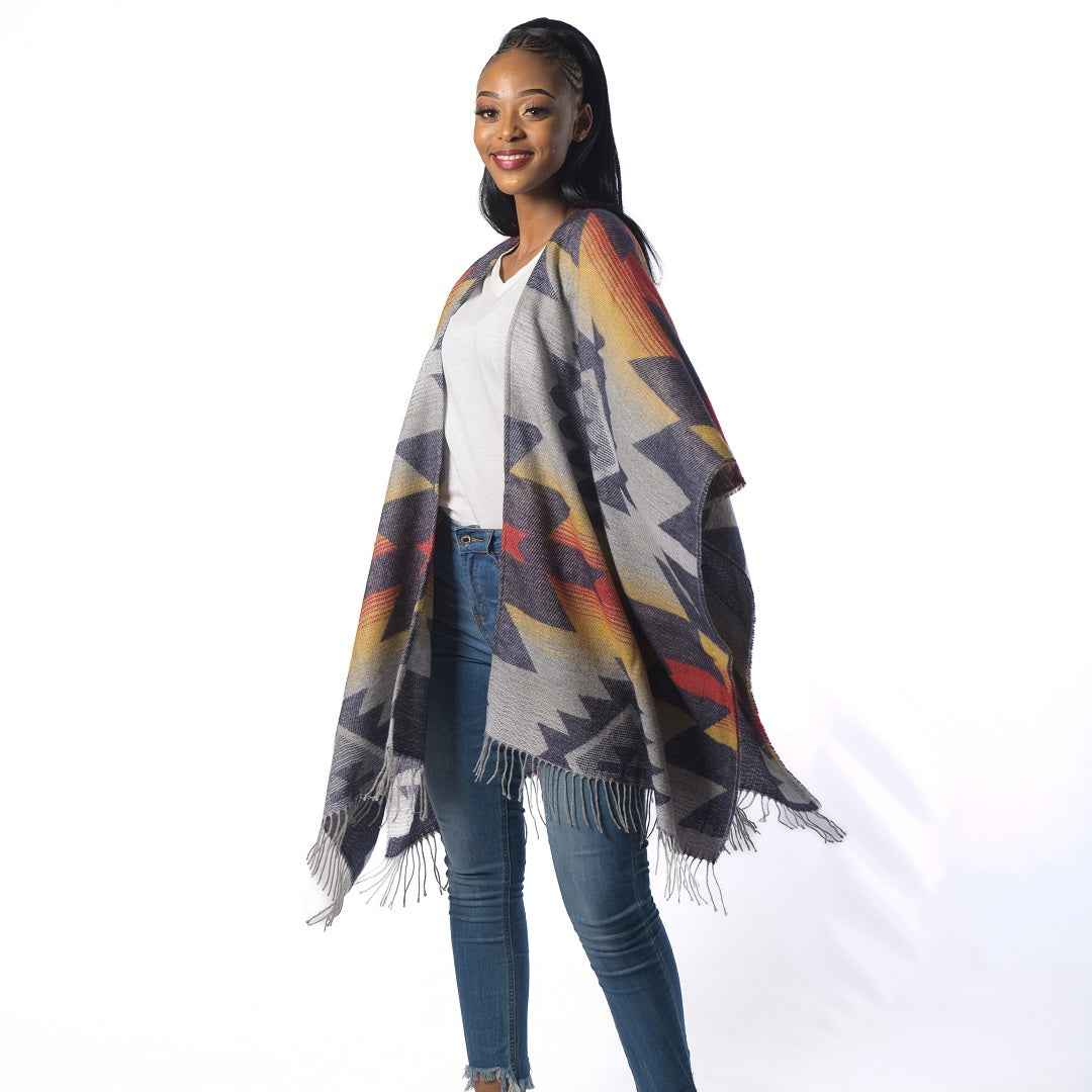 High Bulk Jacquard Poncho Wrap - Aztex | Navy/Mustard