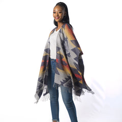 High Bulk Jacquard Poncho Wrap - Aztex | Navy/Mustard